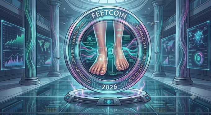 A futuristic digital illustration of a 'FEETCOIN' cryptocurrency coin featuring a pair of human feet inside a glowing circle, set in a high-tech lab environment with the year '2026' displayed.