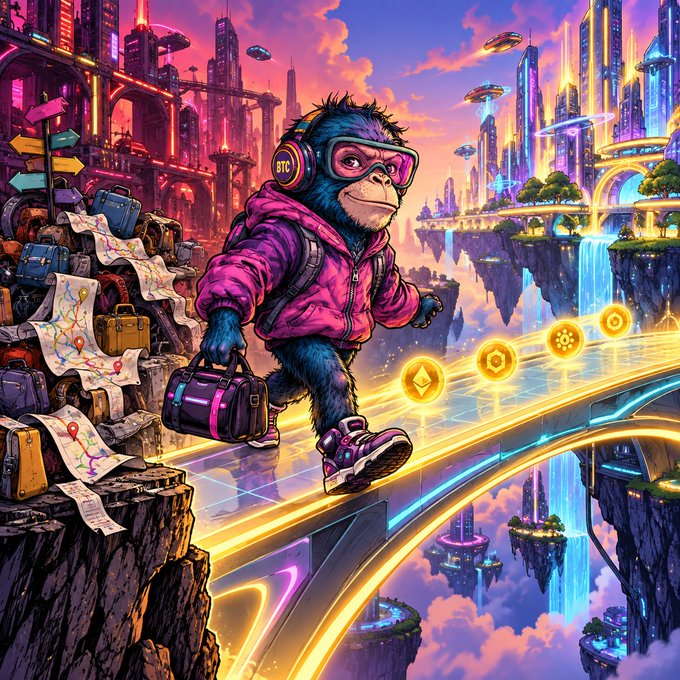 Vibrant digital artwork of a blue-furred monkey wearing a pink hoodie, pink sunglasses with 'BTC' on the strap, carrying a briefcase while walking on a glowing path above floating futuristic islands.