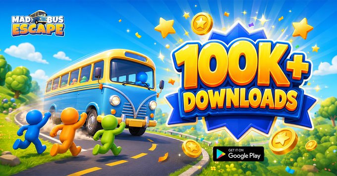 The image features a poster for a video game called "Mad Bus Escape" that has been downloaded by 100,000+ players. The poster showcases an illustration of a blue bus driving down a road with people standing around it, creating a sense of chaos on the streets. There are also gold stars scattered throughout the scene to emphasize the popularity and success of the game.