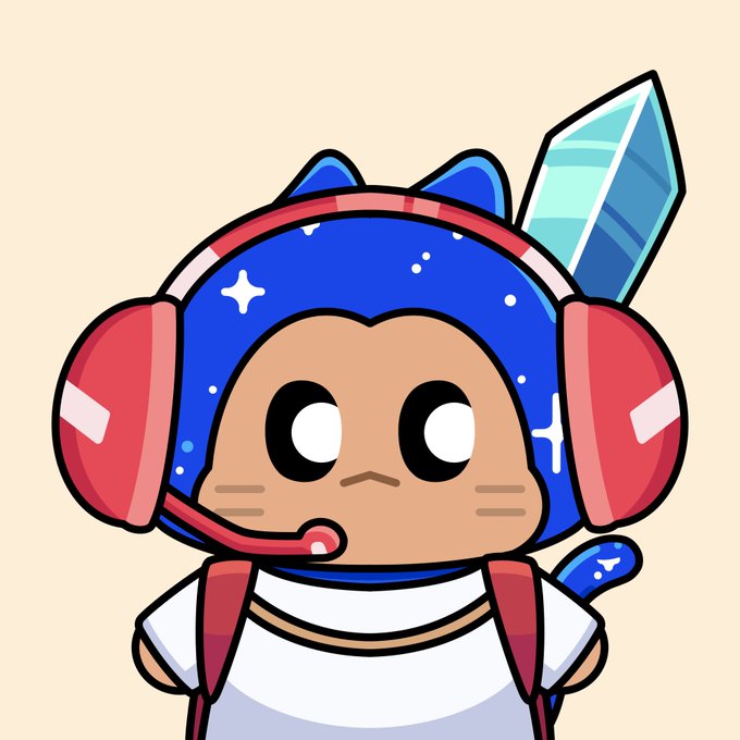 Chibi-style cartoon illustration of a character wearing a blue helmet with cat ears, red headphones, a mic, and a crystal sword on their back.