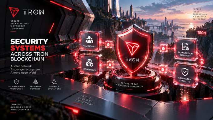 A promotional graphic for TRON blockchain highlighting its security systems, validators, consensus, transaction integrity, and ecosystem stability.