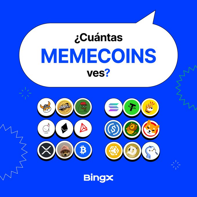 A blue BingX promotional graphic asking '¿Cuántas MEMECOINS ves?' (How many memecoins do you see?), displaying a grid of various cryptocurrency coin logos including Dogecoin, Bitcoin, and Solana.