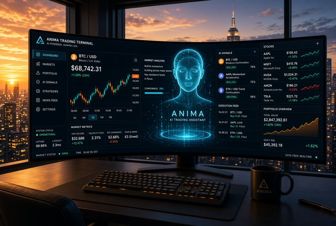A futuristic 'ANIMA Trading Terminal' dashboard is displayed on a wide curved monitor, showing market analytics, stock charts, and an AI assistant hologram, with a city skyline at sunset behind it.
