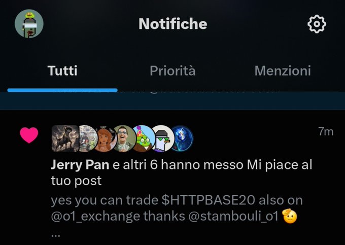 Italian-language Twitter/X notifications screen showing 'Jerry Pan e altri 6 hanno messo Mi piace al tuo post' about trading $HTTPBASE20.
