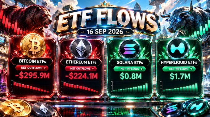 A financial graphic titled 'ETF FLOWS 16 SEP 2026' showing Bitcoin ETFs at -$295.9M outflows, Ethereum ETFs at -$224.1M outflows, Solana ETFs at $0.8M inflows, and Hyperliquid ETFs at $1.7M inflows.