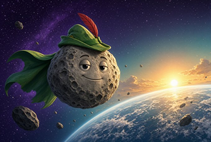 A surreal 3D rendering of a moon with a cartoon face wearing a green Robin Hood-style hat, floating in space above Earth with a sunset on the horizon.