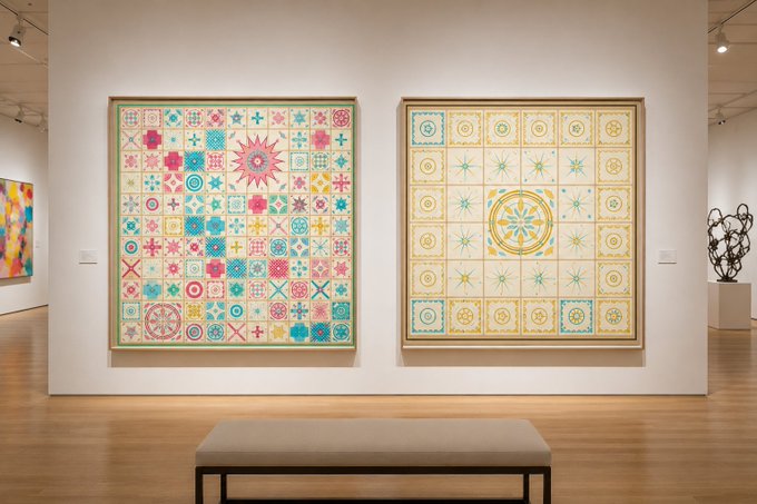 Two large, vibrant Azulejo Galo quilt-style artworks hang side-by-side in a brightly lit gallery, featuring geometric and star patterns in pastel pink, blue, yellow, and green hues, with a cushioned bench placed below for viewers.