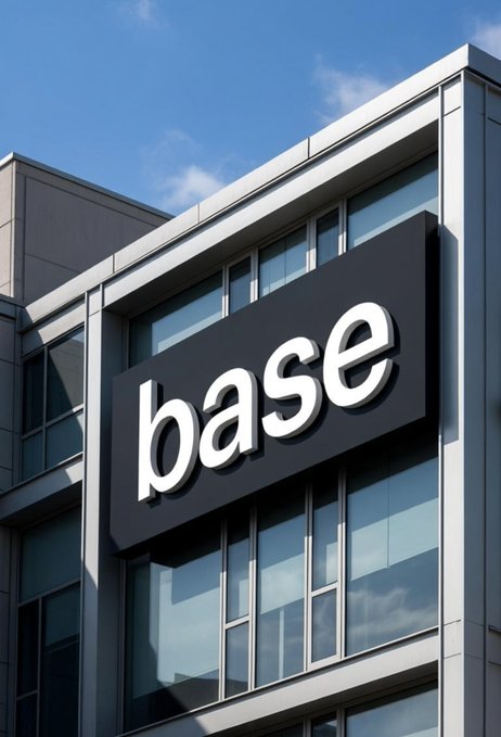 A photograph of a modern building exterior with a large black sign displaying the word 'base' in white lowercase letters mounted on the glass facade.