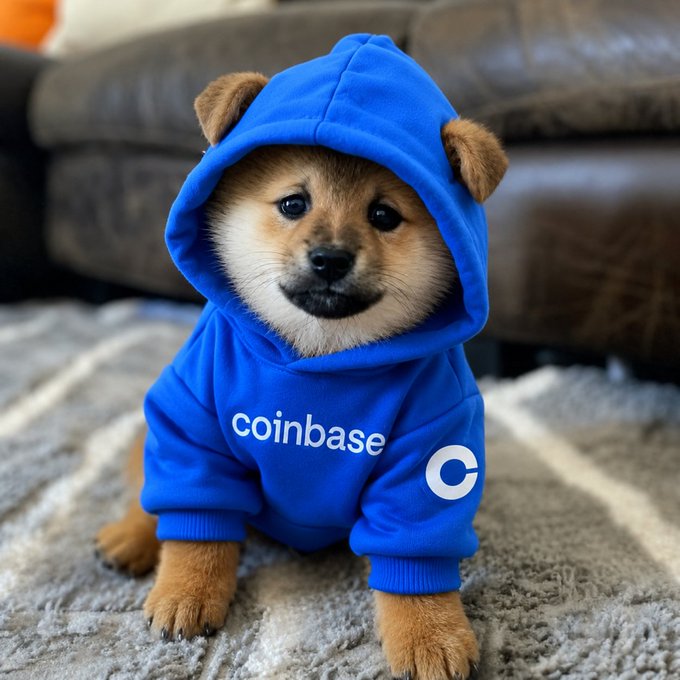 A Shiba Inu puppy wearing a blue Coinbase-branded hoodie, sitting on a rug.