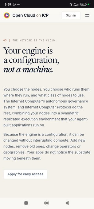 A webpage for 'Open Cloud on ICP' with a headline reading 'Your engine is a configuration, not a machine,' explaining how the Internet Computer's autonomous governance system works, with an 'Apply for early access' button.