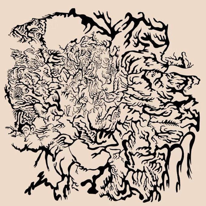 A high-contrast black-and-white abstract illustration composed of tangled, organic shapes resembling tangled roots, figures, or writhing forms, set against a pale pink background. The chaotic, swirling imagery evokes the messy, experimental, and turbulent creative journey of five years spent making NFTs.