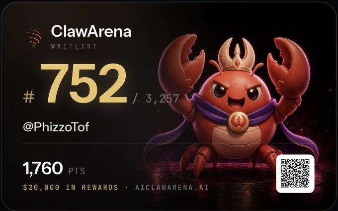 A 'ClawArena' waitlist card showing rank #752 out of 3,257 for user @PhizzoTof with 1,760 points, featuring a red crab mascot and a $20,000 reward prize.