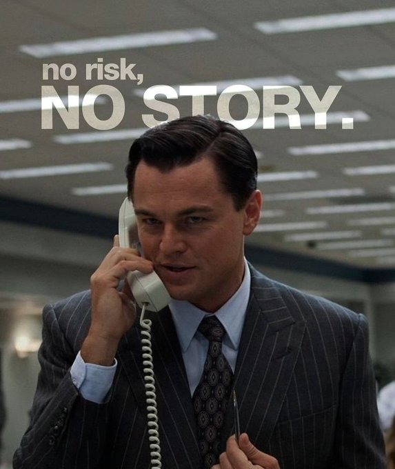 A man in a pinstripe suit (Leonardo DiCaprio as Jordan Belfort in "The Wolf of Wall Street") holds a telephone receiver, with the overlaid text "no risk, NO STORY." — a motivational nod to taking bold swings in trading, fitting the post's encouraging tone for a strong trading day.