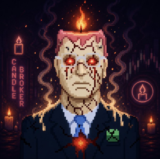 This pixel art illustration features a character reminiscent of Michael Myers with a lit candle flame on his head and blood-like red wax dripping down his face, symbolizing market volatility. The imagery serves as a metaphor for the $CANDLE token mentioned in the post, visually representing the "lighting up" of the blockchain.