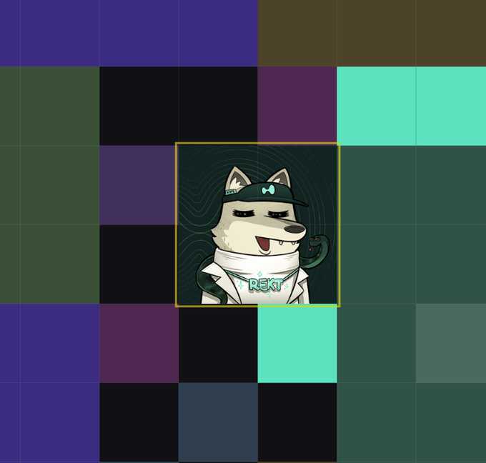 A digital illustration of a smiling wolf character wearing a white jacket with 'REKT' on it and a black cap with a bow, set against a background of colorful squares.