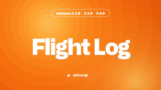 The image features a large orange circle with white text that reads "flight log" and "releases 3.0 3.8". The background of the image has an orange gradient, which adds depth and visual interest to the overall design. The caption below the image provides additional information about the post, stating that it is a "release" for the "flight log" feature on ChirpDeWi.
