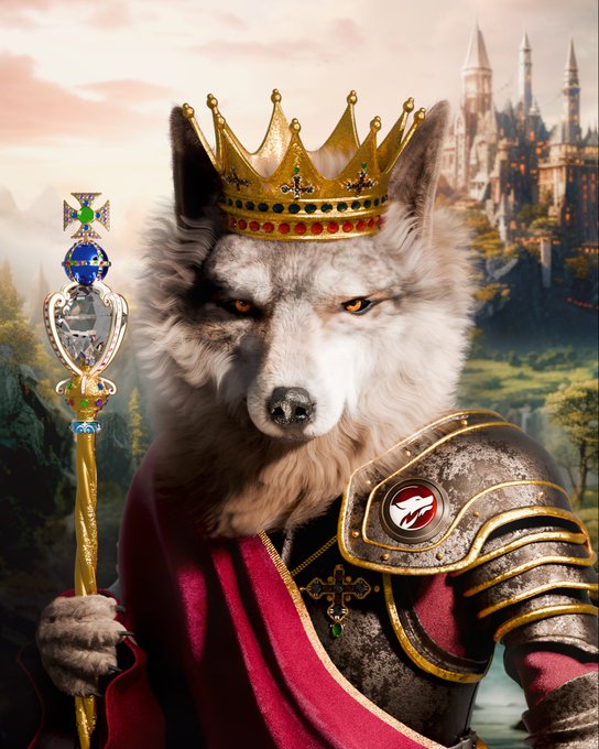 A majestic wolf wearing a golden crown adorned with jewels, dressed in royal red robes and ornate armor, holding a jeweled scepter, with a fairytale castle in the misty background.