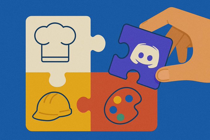A flat illustration of puzzle pieces being assembled by a hand, featuring icons of a chef's hat, construction helmet, art palette, and a skull character, symbolizing skills or team building.