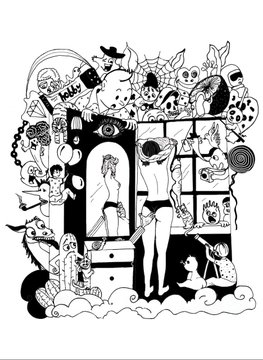 A black and white doodle-style illustration densely packed with various cartoon characters, animals, and figures filling the frame.
