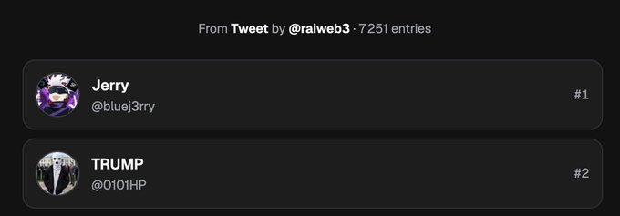 The image shows a leaderboard titled "From Tweet by @raiweb3 · 7251 entries," listing "Jerry (@bluej3rry)" at #1 and "TRUMP (@0101HP)" at #2, likely identifying the top two participants in the quoted $10 SOL giveaway contest.