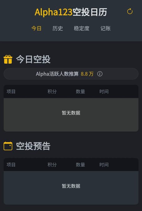 Screenshot of the Alpha123 airdrop calendar app interface in Chinese, showing '今日空投' (Today's Airdrop) and '空投预告' (Airdrop Preview) sections with '暂无数据' (No data yet).