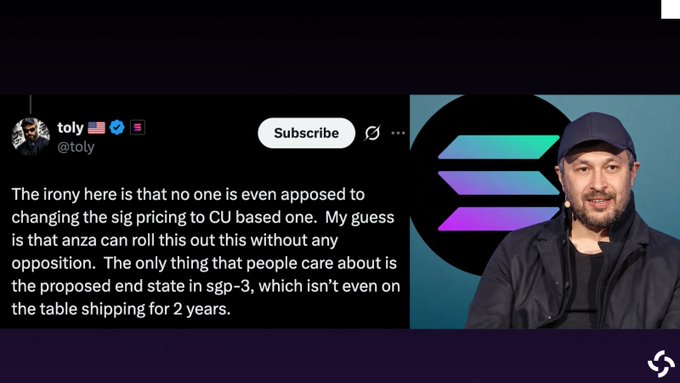 A tweet from toly (@toly) discussing the irony that no one opposes changing the sig pricing to CU-based, with an image of a man in a dark jacket and cap next to a Solana logo.