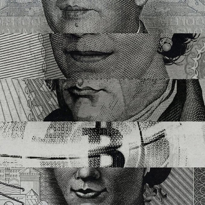 A stylized black-and-white image showing fragments of faces printed on US dollar bills, with a prominent Bitcoin '₿' symbol in the center.