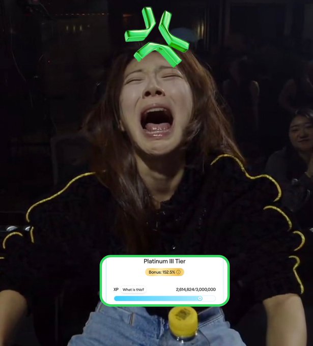 A woman wails dramatically in the dark with an exaggerated crying meme face filter, captioned with a "Platinum III Tier" quiz box showing "Bonus: 152.5%," XP "What is this?" at 2,614,824/3,000,000 — perfectly mirroring the post's plea "LUCA PLEASE DON'T CLOSE ABSTRACT!" by capturing her visceral despair over the show's potential cancellation.
