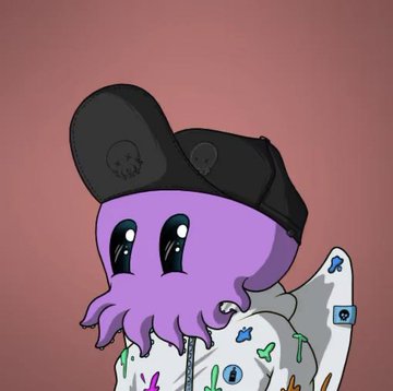 This image shows a purple, cartoonish octopus wearing a backward baseball cap and a hoodie, likely representing one of the "Quirklings" digital collectibles mentioned in the accompanying post congratulating wallets for claiming their prizes.
