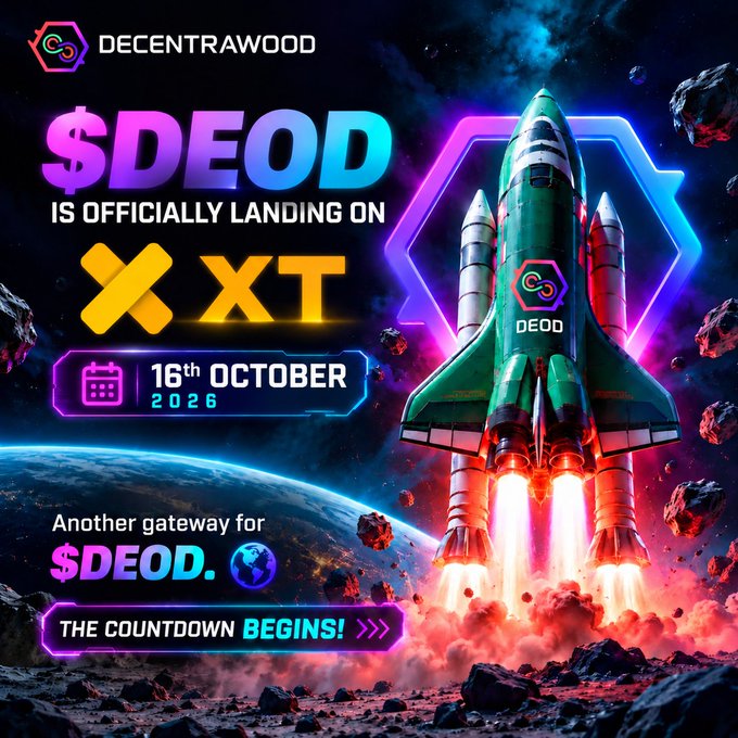 A vibrant space-themed promotional graphic announces that "$DEOD is officially landing on X (XT)" on October 16th, featuring a futuristic rocket emblazoned with the DEOD logo blasting off from Earth amid asteroids and cosmic debris. The Decentrawood-branded banner reinforces the listing news with the tagline "Another gateway for $DEOD" and "THE COUNTDOWN BEGINS!" directly mirroring the post's confirmation of $DEOD's exchange listing.