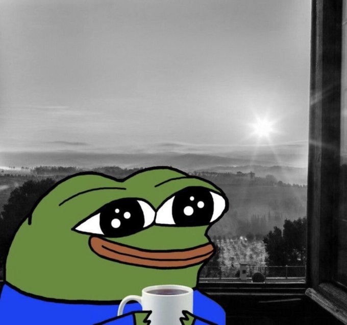 Pepe the Frog sits peacefully with a coffee mug, gazing out a window at a misty sunrise over rolling hills in a black-and-white landscape.

The serene, contemplative mood of the frog enjoying a quiet morning moment pairs with the post's uplifting message, reinforcing the "GM" (good morning) greeting and the encouraging sentiment about perseverance and reward.