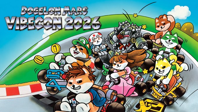 The image is a vibrant promotional illustration for "Dogelon Mars Vibecon 2026," featuring anthropomorphic Shiba Inu characters racing in karts on a colorful track, with one character dressed as Princess Peach, another as Toad, and a robotic figure—fitting the "VibeCon" community contest theme where Martian enthusiasts submit their own creative Dogelon-themed artwork.