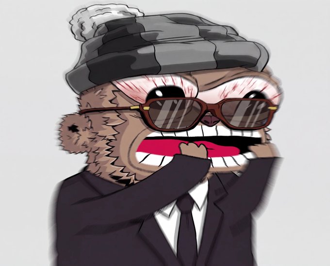 A cartoon illustration of a stressed-looking monkey wearing a knit beanie, sunglasses, and a black suit, grimacing with its hands near its mouth.