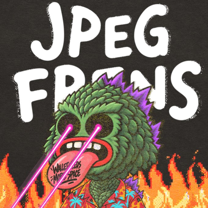 A stylized graphic illustration features a green reptilian/monster character with laser-beam eyes shooting pink lasers, tongue out displaying 'WALLET GODS MADNESS SPACE', wearing a colorful floral shirt against flames, with large white text 'JPEG FRENS' behind it.