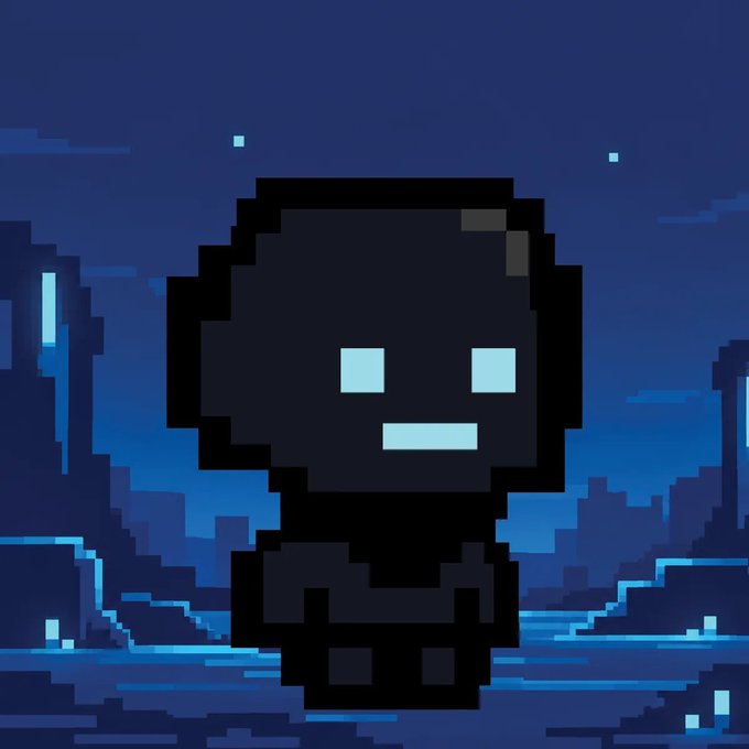 A pixel art image of a dark, shadowy figure with glowing blue square eyes and mouth, standing against a dark blue background with silhouettes of structures.