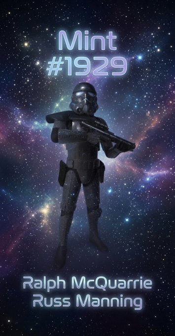 A Star Wars themed NFT mint screen showing 'Mint #1929' with a Shadow Trooper figure against a space background, crediting 'Ralph McQuarrie' and 'Russ Manning'.