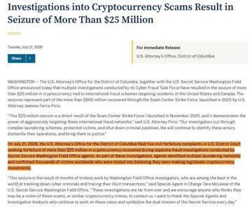 News article headline: 'Investigations into Cryptocurrency Scams Result in Seizure of More Than $25 Million' from U.S. Attorney's Office, District of Columbia, shown above a financial chart with multiple TYC ticker lines.