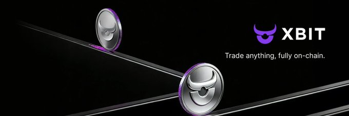 A promotional graphic for XBIT featuring purple devil-horned tokens on black slanted bars with the tagline 'Trade anything, fully on-chain.'