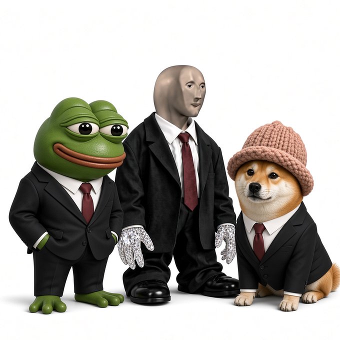 Three figures in black suits with red ties standing against a white background: a Pepe the Frog character, a person wearing a blank mask with lacy gloves, and a Shiba Inu dog wearing a knit beanie.