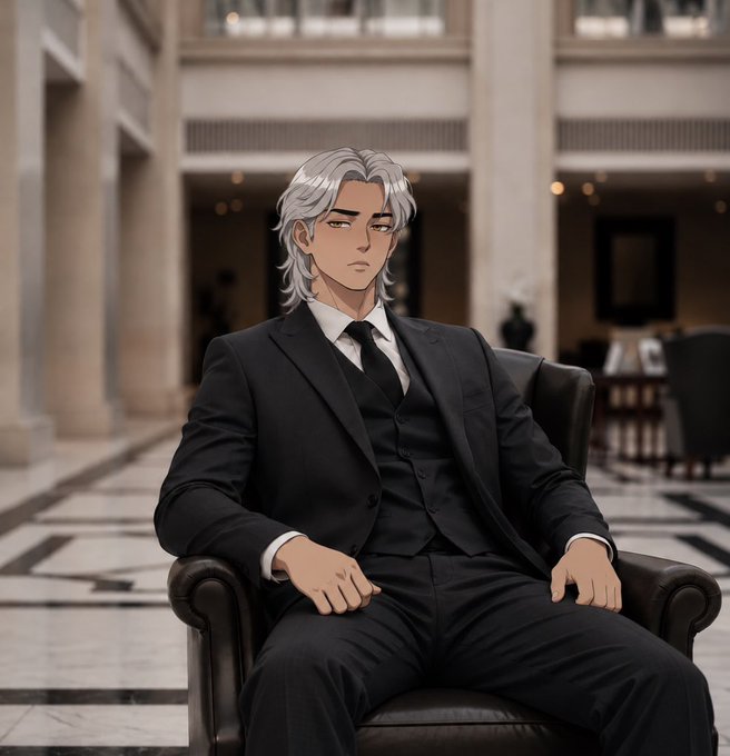 An anime-style illustration of a silver-haired man in a black three-piece suit and tie, sitting in a leather chair within a luxurious interior space.