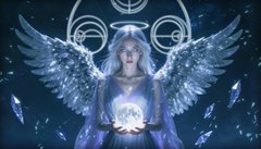 A fantasy illustration of an ethereal woman with silver-white hair and large angelic wings, holding a glowing orb of light against a dark blue background.