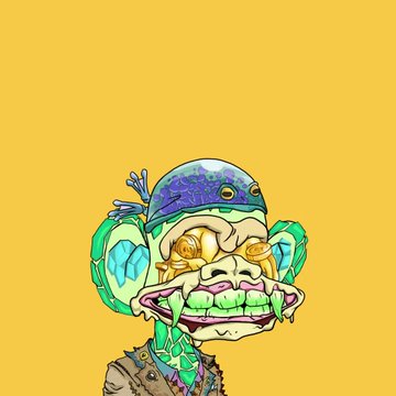 A digital illustration of a monkey character wearing a blue helmet and large green headphones, with an ornate gold and bone-like face and a wide grin, set against a yellow background.