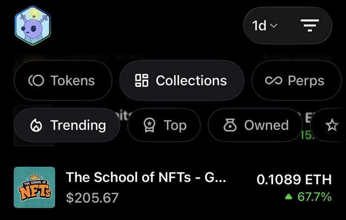 A dark-themed crypto NFT marketplace interface shows trending items, with 'The School of NFTs - G...' priced at $205.67 / 0.1089 ETH, up 67.7%.