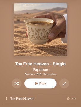 A music streaming app showing a song titled 'Tax Free Heaven - Single' by Papabun, with the album cover of a hand holding a coffee cup in sand.