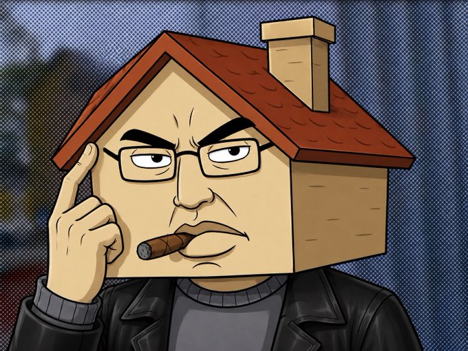 The image features a cartoon man wearing glasses, a jacket, and a hat that resembles a house. He has a cigar in his mouth and appears to be thinking or pondering something. The caption below the image reads "There's no waiting you're just not locked in if you can't see solangeles is that runner - probably the only coin deployed on USDC that hit 3m ATH and got Moonshot verification in 14h".