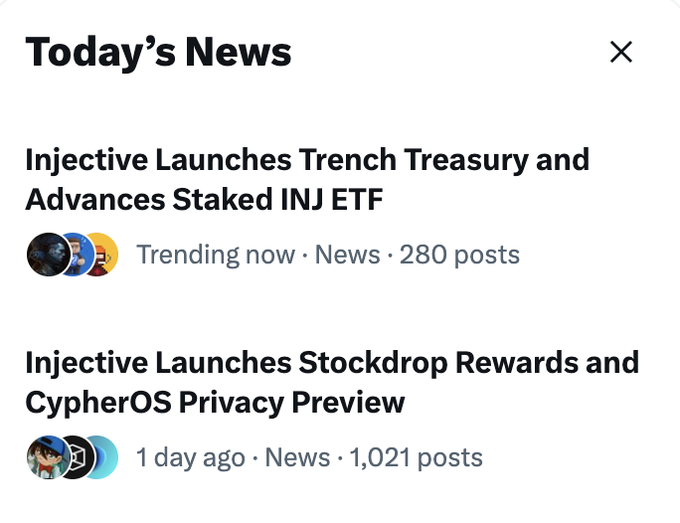 A 'Today's News' section from an app displaying two headlines about Injective, including 'Injective Launches Trench Treasury and Advances Staked INJ ETF' and 'Injective Launches Stockdrop Rewards and CypherOS Privacy Preview', with post counts visible.
