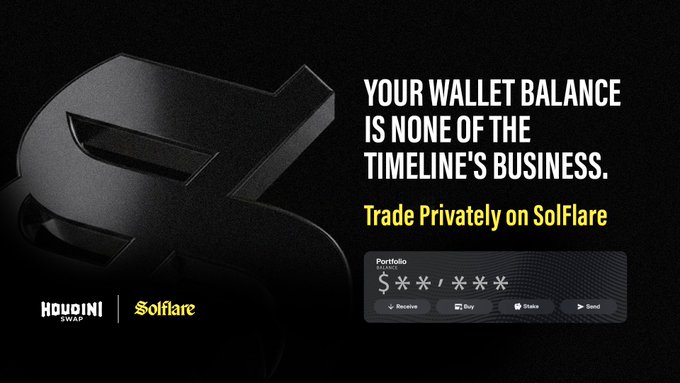 A dark promotional graphic for Houdini Swap and SolFlare featuring a large 3D dollar sign, with text reading "YOUR WALLET BALANCE IS NONE OF THE TIMELINE'S BUSINESS. Trade Privately on SolFlare" alongside a blurred portfolio display showing redacted amounts—this reinforces the post's message about embedding privacy into wallets so users control their own financial visibility rather than exposing it publicly.
