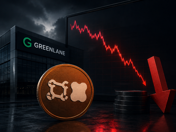 A dramatic financial graphic showing the Greenlane company building under dark clouds with a red downward-trending stock chart, coin stacks, and a large downward arrow.