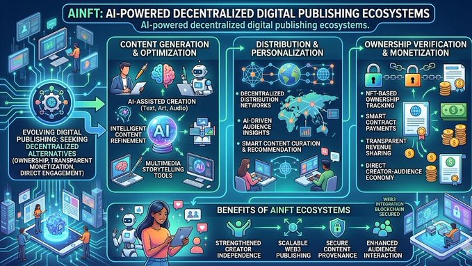 The image features a large blue poster with various illustrations depicting different aspects of digital publishing ecosystems. The poster includes a woman holding a tablet computer, which suggests that technology plays an essential role in this industry. The text on the poster highlights the benefits of AI-powered decentralized digital publishing systems and how they can provide stronger ownership, transparent monetization, and direct audience engagement for creators.

The poster also mentions the evolution of digital publishing as it rapidly changes to meet the demands of creators seeking alternatives to traditional publishing systems. This evolution is driven by the desire for more control over their content, better transparency in the monetization process, and a direct connection with their audiences through technology-driven platforms like tablets or computers.