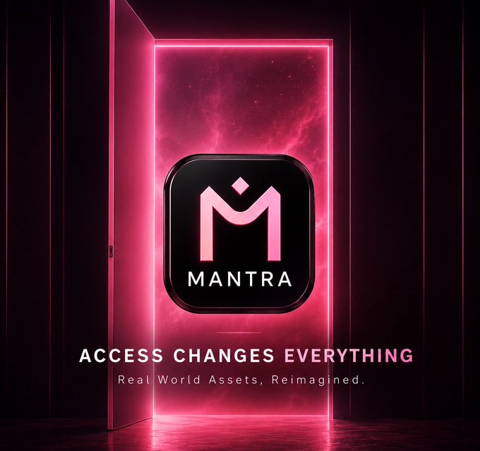 A promotional graphic for MANTRA featuring a pink neon-lit doorway with the tagline 'ACCESS CHANGES EVERYTHING' and subtitle 'Real World Assets, Reimagined.'